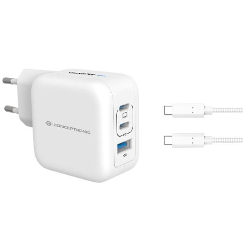 CONCEPTRONIC ALTHEA17W CARIBATTERIE DA RETE USB PD GaN 3 PORTE 67 W CON CAVO DI RICARICA USB-C MASCHIO-MASCHIO 1.5 MT BIANCO